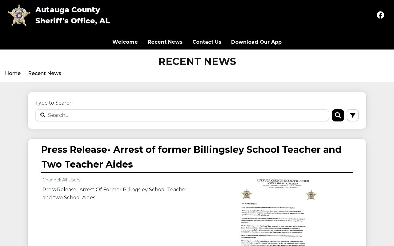 Autauga County Sheriff's Office news index for public safety and arrest-related updates
