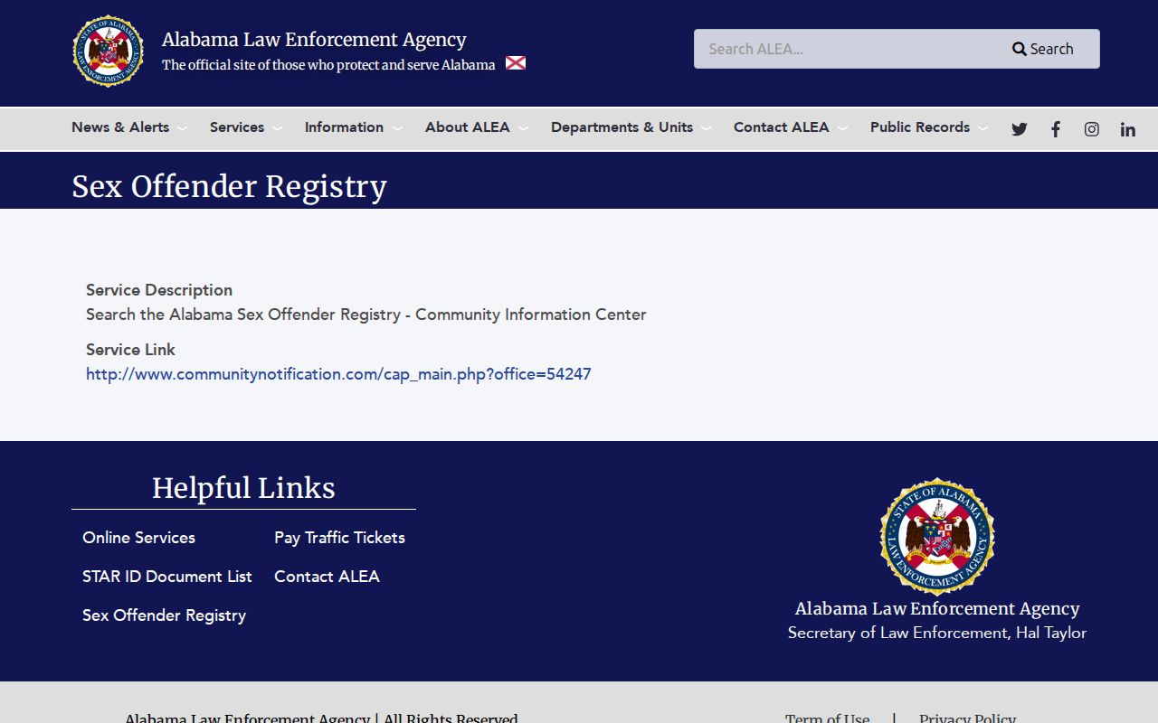 ALEA service page linking to sex offender registry resources