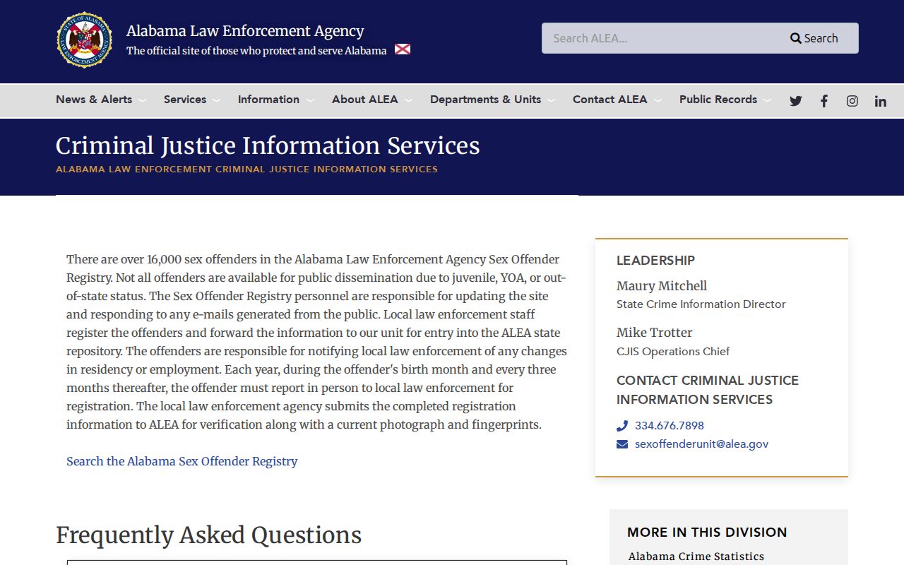 ALEA Sex Offender Registry page explaining public dissemination limits