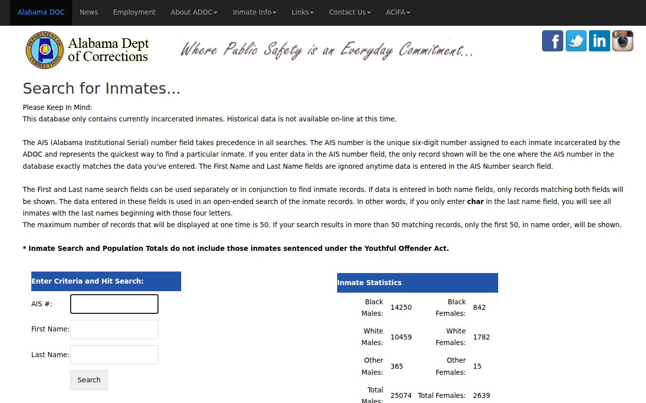 ADOC statewide inmate search page