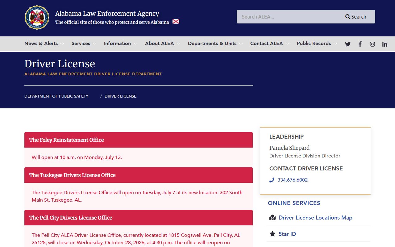 ALEA driver license page for license status and clearance context