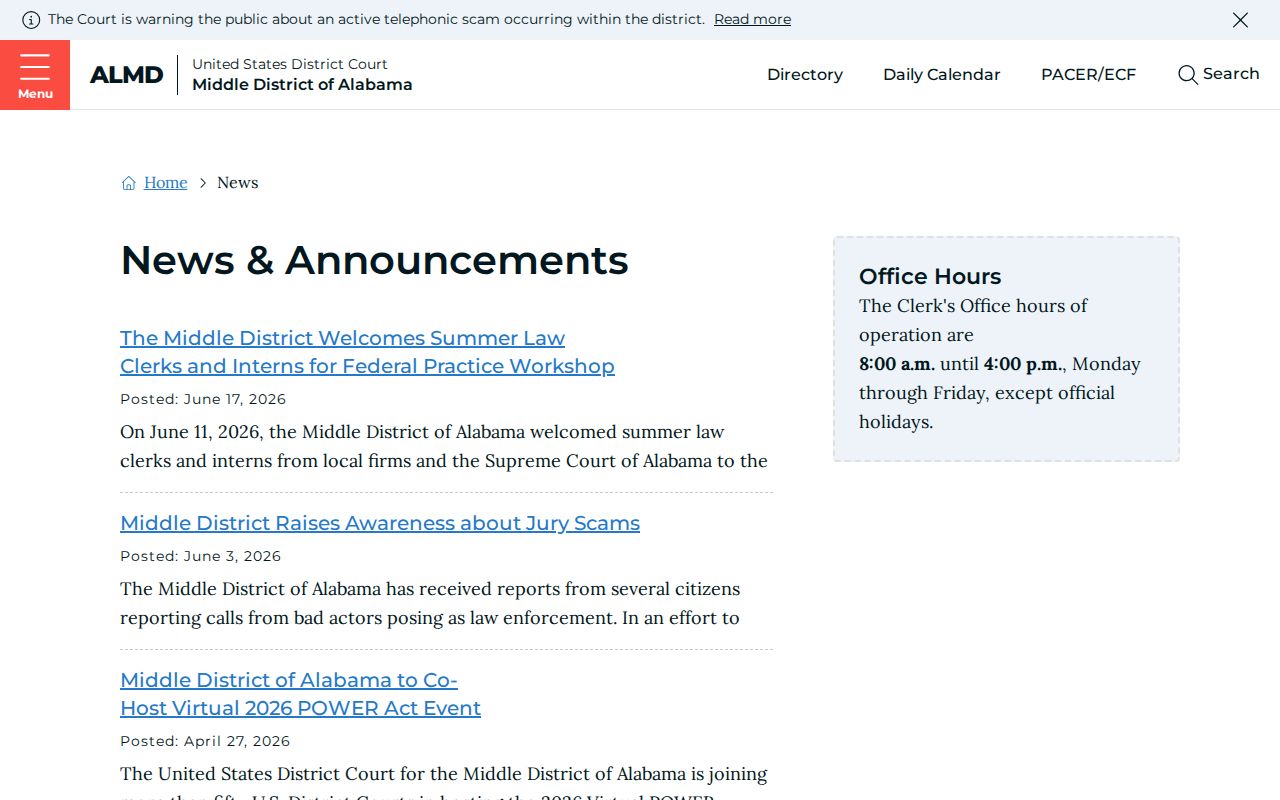 Middle District of Alabama news page with court notices