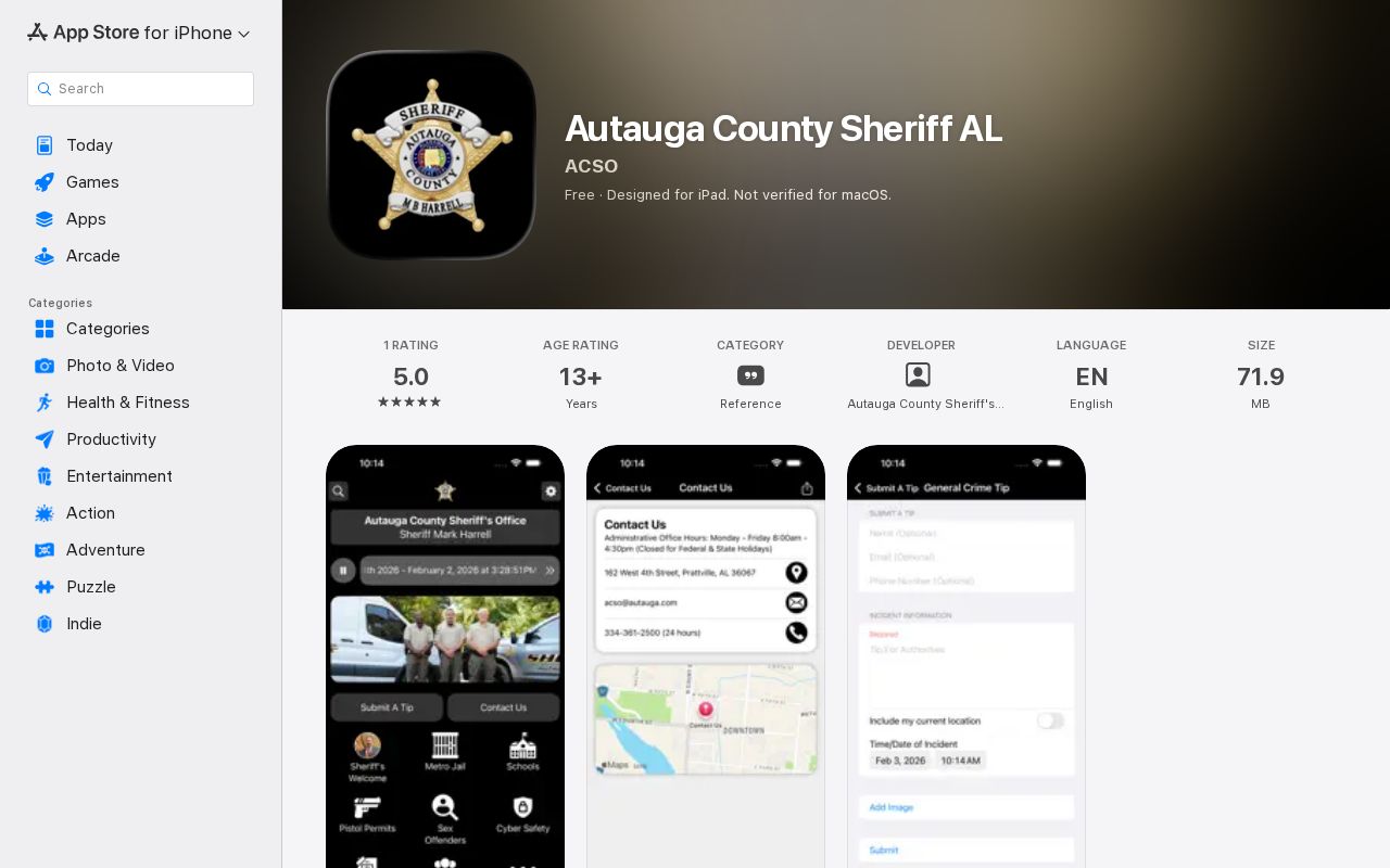 Apple listing for the Autauga County Sheriff AL app