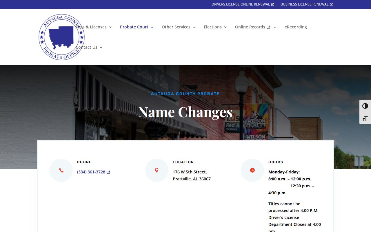 Autauga Probate name change page with background check requirements
